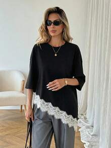 SHEIN LUNE Áo thun nữ dáng suông màu trơn, vạt áo bất đối xứng, phối ren, trang phục cơ bản hàng ngày cho mùa xuân và mùa hè. - Đen và trắng - Xem 5