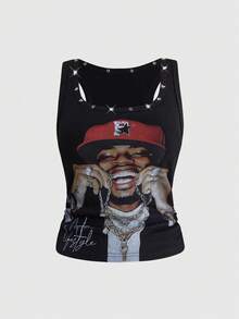 ROMWE Street Life Street StyleWomen's Retro Baddie Unisex Streetwear Casual Star & Rivet Print Tank Top - Black - View 1