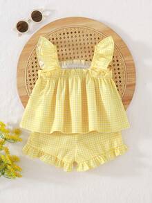 Cozy Pixies Baby Girl Floral Print Square Neck Ruffle Sleeveless Top And Elastic Waist Shorts 2-Piece Set - Yellow - View 2