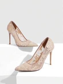 CUCCOO SZL Sexy And Stylish Pointed Clear Lace Heels For Parties, Date Nights, Spring Casual Looks And Christmas Eve Looks - Champagne embroidery thread - View 2