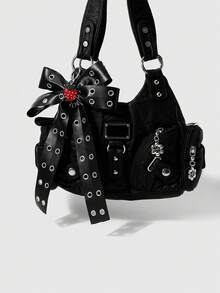 ROMWE Goth 1 Y2k 甜美酷炫辣妹复古朋克独特暗黑风哥特黑色双排金属透气眼孔大蝴蝶结亮面软陶水钻草莓装饰 DIY 钥匙扣包包挂件，适合女孩和女士日常佩戴，节日礼物 - 黑色-20 - 查看 7