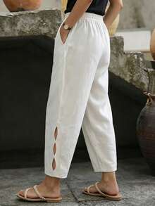 EMERY ROSE Summer Loose Elastic Waist Slant Pocket Hollow Casual Pants - White - View 2