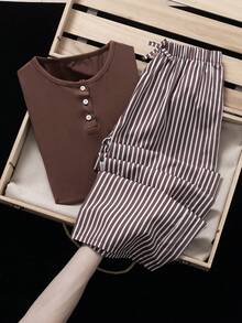Sparklyn 2pcs Girls Casual Chic Brown Cardigan Fitted Short Sleeve Top + Retro Brown & White Striped Wide Leg Pants Set, Spring/Summer Outfit For Daily Wear & Party - Multicolor - View 1
