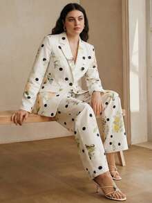 Anewsta Áo blazer nữ cỡ lớn thời trang cao cấp họa tiết chấm bi và hoa, thắt eo, phù hợp cho đi chơi, dự tiệc và các dịp trang trọng. - trắng - Xem 6