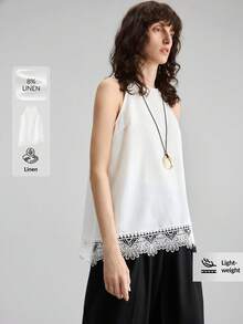 Ontre Áo hai dây không tay phối ren, vạt lệch, chất liệu vải lanh pha, dành cho nữ, thoải mái, đa năng, thích hợp đi biển, nghỉ mát, lễ hội âm nhạc, phong cách thường ngày thanh lịch. - trắng - Xem 6