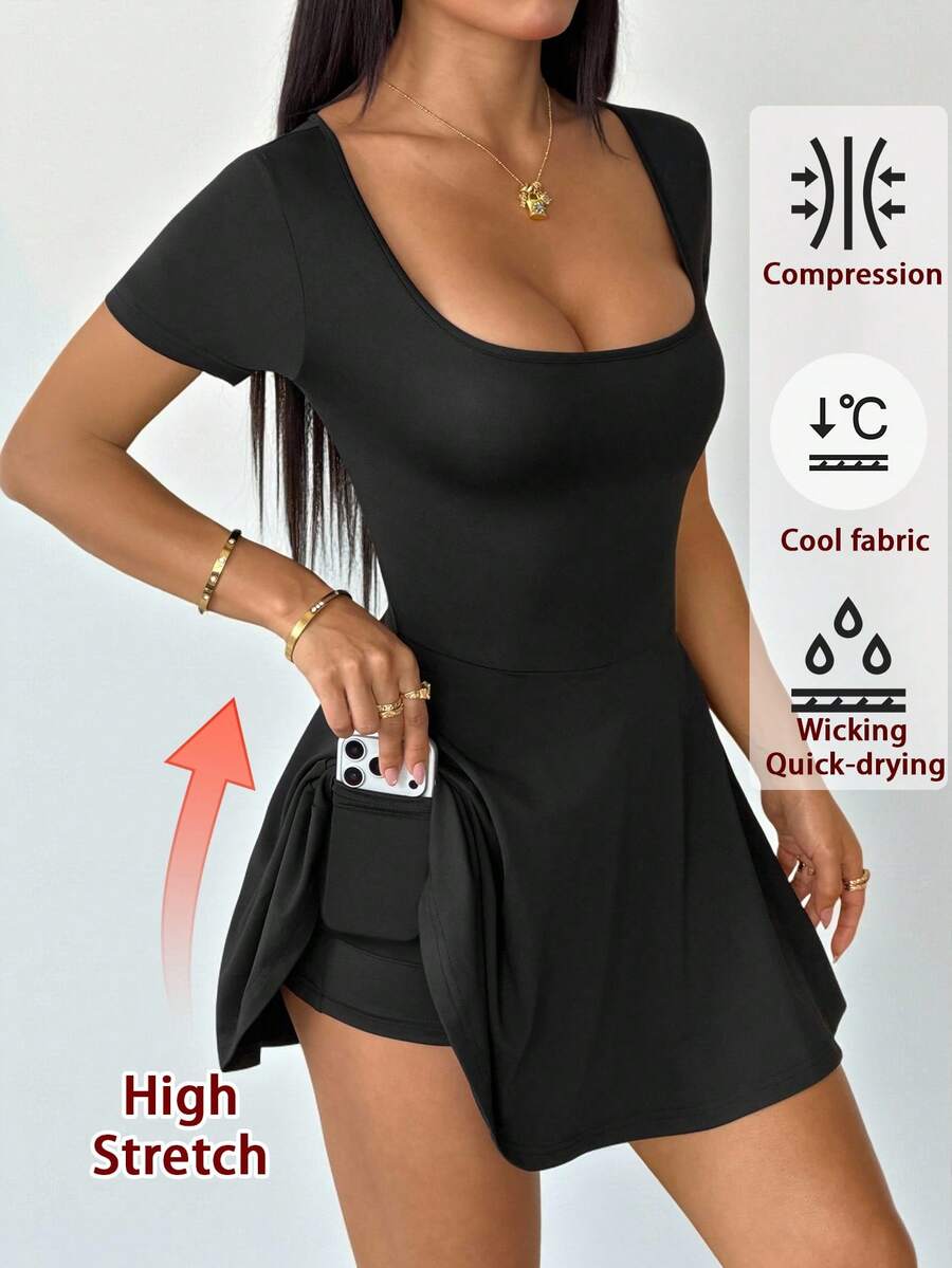 SHEIN PETITE Đầm ngắn dệt kim màu đen dành cho nữ, đầm mùa hè, trang phục mùa xuân. - màu đen - Xem 1