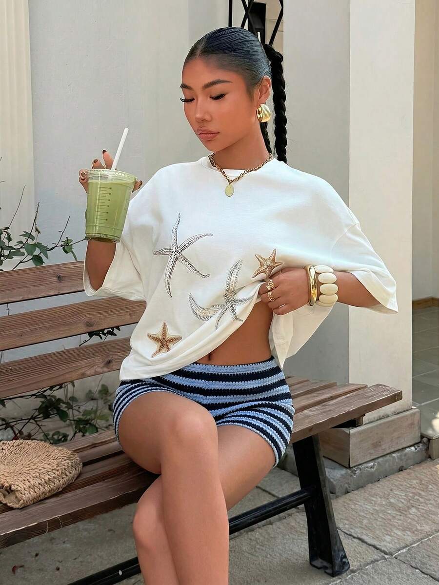 SHEIN Muchic 女士休闲度假海星印花针织套装，夏季 - 藍色 - 查看 1