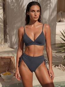 SHEIN Swim 夏季海滩女士纹理侧结分体比基尼套装 - 霧霾藍 - 查看 10