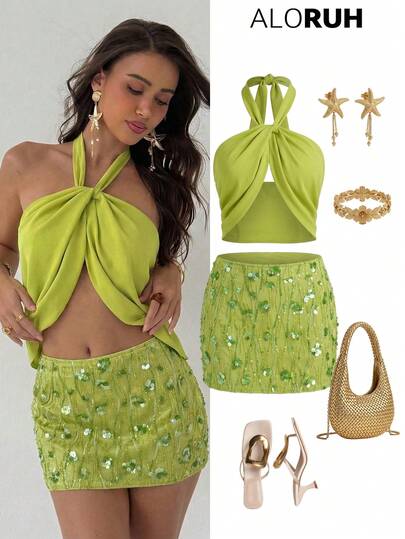 Aloruh A Sequined, Shimmering Green Backless Tank Top And Sequined Mini Skirt Shorts, Perfect For A Youthful, Goddess-Like Music Festival. Suitable For Women's Brunch Wear, Backless Resort Wear, Beachwear, And A Fitted Lace Dress. Ideal For Rave Festivals, Country Music Concerts, And Bohemian Street Parties In Western Ibiza. Also Suitable For Women's Beach Vacation Wear, Bohemian Tropical Vacation Wear, Summer Vacation Wear, And Everyday Wear. Applicable To Work, Back To School, Afternoon Tea, Summer Music Festivals, Easter, St. Patrick's Day, Western Style, Nomadic Style, Birthday Parties, Graduation Ceremonies, Preppy Style, School Uniforms, Everyday Wear, Casual Wear, Vacations, Cruise Travel, Beaches, Sunbathing, Best-Selling Items, Street Style, Wedding Guests, Bohemian Style, Commuting, Brunch, And Airport Fashion.
