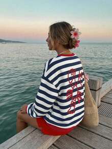 SHEIN EZwear 女士休闲条纹龙虾印花宽松圆领长袖卫衣，适合度假和夏季穿着 - 彩色 - 查看 4