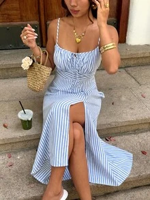 Serisse Đầm midi hai dây xẻ cao kẻ sọc dáng rộng thoải mái dành cho nữ, thích hợp cho kỳ nghỉ. - Xanh và trắng - Xem 1