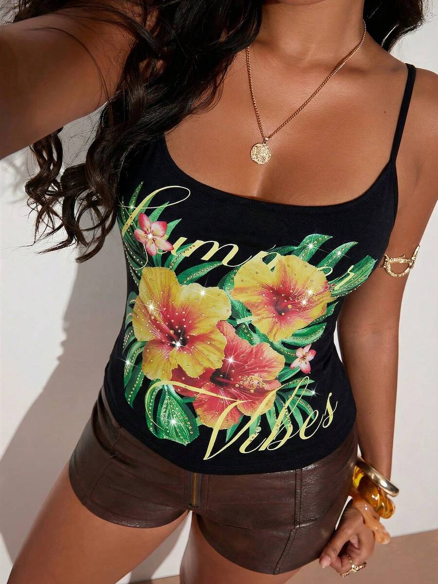 SHEIN BAE Tropical Floral Print Rhinestone Embellished Sleeveless Camisole Top, Suitable For Beach, Casual, Holiday, Music Festival - Black - View 1