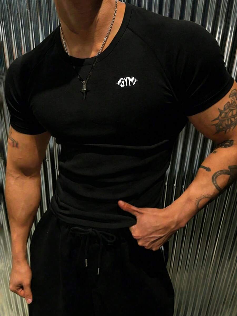 Manfinity Sport Corelite Men's Summer Letter Print Raglan Short Sleeve Black Slim Fit Sports T-Shirt - Black - View 1