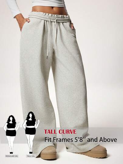 SHEIN Tall CURVE Quần ống rộng dáng suông màu trơn dành cho nữ cỡ lớn, có dây rút ở eo, kiểu dáng thường ngày, đa năng, thích hợp mặc hàng ngày.