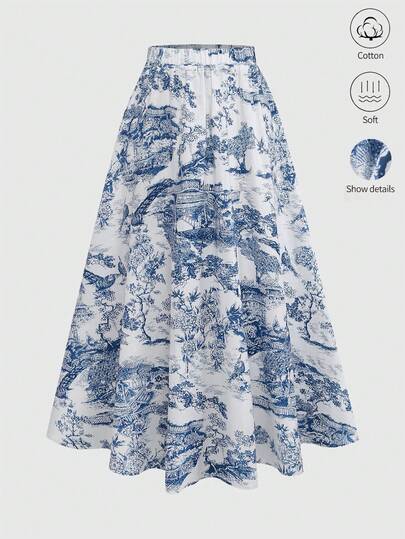 Qadelle Women's A-Line Flared Skirt, Blue & White Casual Vacation Skirt, Elastic Waist Cotton Linen Summer Sundress, Elegant Formal Skirt, Vacation Skirt, Charming Graceful Skirt, Skirt, Island Beach Vacation Skirt, Graduation Outfit, Fashionable Casual Commuter Wear, Business Office Attire, Versatile & Stylish Everyday Casual Wear, Urban Teacher Workwear