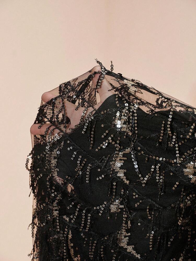 Arave Calça Reta de Cintura Alta Feminina com Tule, Bordado, Lantejoulas e Desenhos com Borlas, Elegante para Encontros - Preto - Visão 12