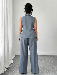 Elenzga Plus Size Women Commuting Minimalist Striped Vest And Pants 2 Pieces Set - Dusty Blue - View 2