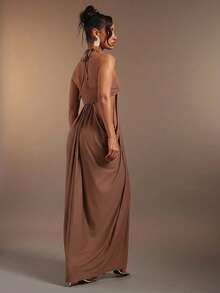 Hauture Olive Green Bandeau Cut Out Side Draped Gathered Side Halter Neck Maxi Dess - Brown - View 2