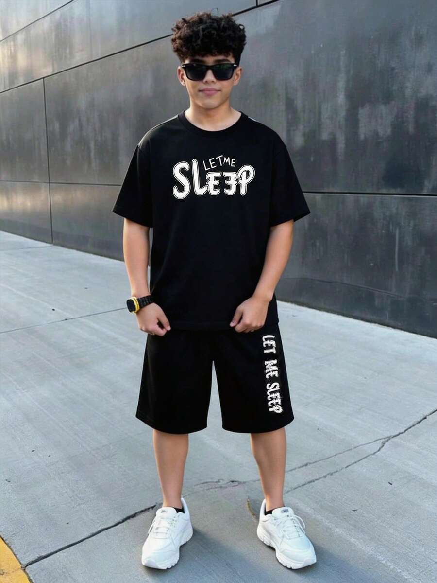 SHEIN 青少年男童返校季黑色字母印花休闲舒适时尚简约百搭柔软面料，适合日常穿着、上学、外出等场合。 - 黑色 - 查看 1