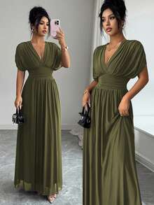 SHEIN Elenzya Women's Summer Elegant Olive Green Ankle-Length Dress,Party Night Vintage Mesh Shirred Waist A-Line Silhouette,Short Sleeve Bow Tie Back French Style - Army Green - View 1