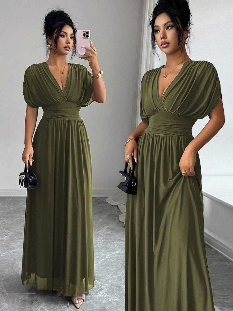 SHEIN Elenzya Women's Summer Elegant Olive Green Ankle-Length Dress,Party Night Vintage Mesh Shirred Waist A-Line Silhouette,Short Sleeve Bow Tie Back French Style - Army Green - View 1