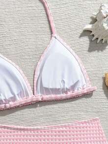 SHEIN Bộ bikini dây buộc cổ kẻ caro dành cho thiếu nữ, chất liệu vải có họa tiết, kiểu dáng dễ thương và phong cách Y2K, thích hợp cho bơi lội, hồ bơi, lướt sóng, kỳ nghỉ, du lịch, nghỉ xuân, đi biển. - Hồng - Xem 5