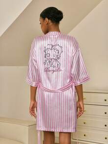Betty Boop x SHEIN Women's Striped Cartoon Pattern Casual Loungewear Robe - Pink - View 3