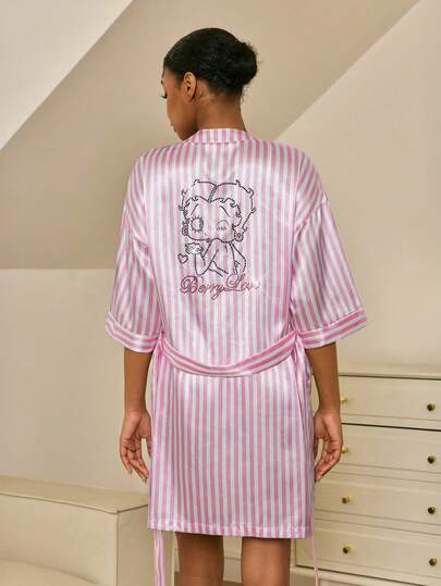 Betty Boop x SHEIN 女士条纹卡通图案休闲家居服睡袍