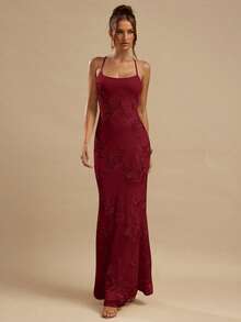 SHEIN BAE 纯黄色提花露背系带修身连衣裙，优雅大方，适合早午餐、婚礼宾客、鸡尾酒会、海滩度假等场合。 - 酒紅色 - 查看 2