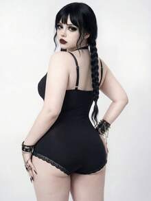 Goth Áo tắm liền thân cỡ lớn dành cho nữ, đồ bơi mùa hè gợi cảm với viền ren. - màu đen - Xem 2