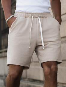 PAVTROS Men's Casual Cotton Blend Drawstring Waist Elastic Shorts - Khaki - View 5