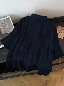 SHEIN CURVE+ Plus Size Summer Casual Solid Color Front Button Short Sleeve Shirt - Navy Blue - View 2