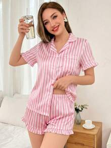 Girls Pajamas, Elegant & Comfortable Soft Satin Pink & White Striped Ruffle Trim Short Sleeve Cardigan & Shorts 2 Pieces Sleepwear Set - Multicolor - View 12