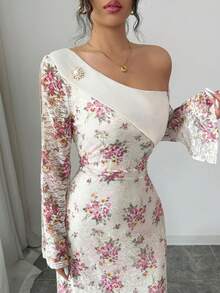 Modelyn Đầm ren in họa tiết thanh lịch mùa xuân hè, cổ bất đối xứng, tay xòe, eo nhún. - Nhiều màu - Xem 3