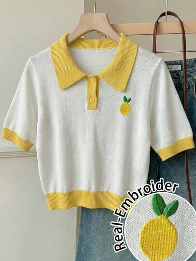 CovetEZ 休闲简约风夏季度假撞色柠檬菠萝水果刺绣定位图案女式针织衫，超火小众学院风品牌，潮流爆款街头服饰系列，超萌Polo领短袖，适合春夏穿着