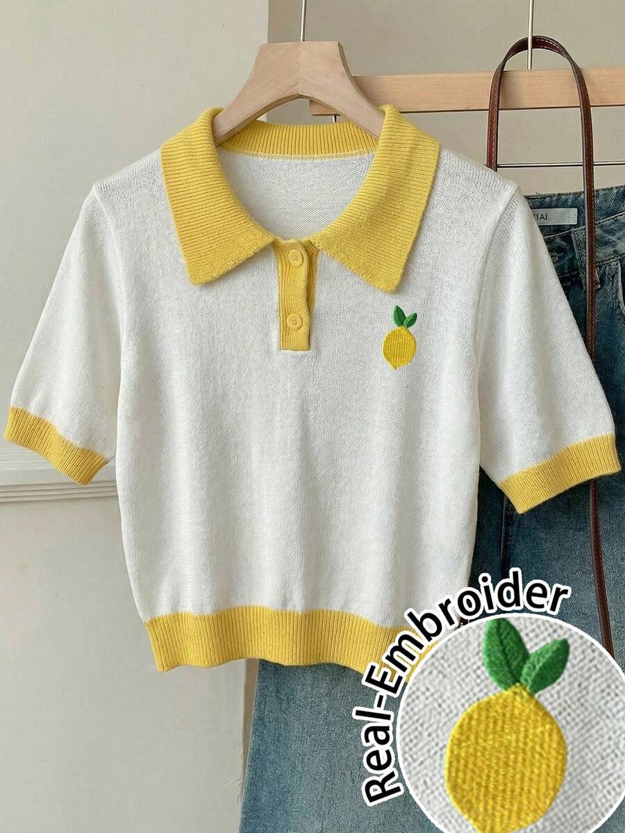 SHEIN CovetEZ 休闲简约风夏季度假撞色柠檬菠萝水果刺绣定位图案女式针织衫，超火小众学院风品牌，潮流爆款街头服饰系列，超萌Polo领短袖，适合春夏穿着 - 彩色 - 查看 1