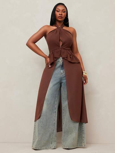 Radiana 大码女式时尚休闲性感优雅度假风不对称前短后长吊带深V荷叶边超长上衣，春夏款