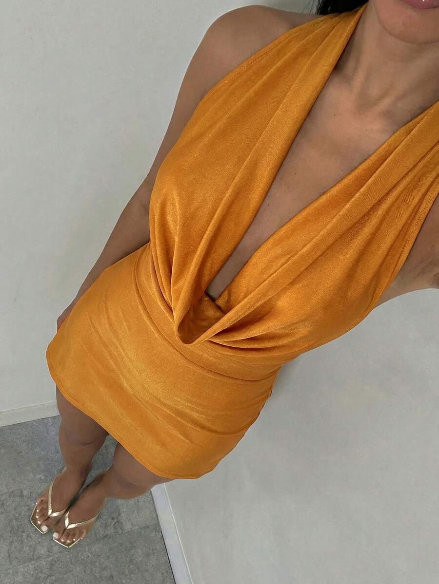 Glamine Elastic Satin V-Neck Backless Mini Party Dress For Women - Orange - View 1