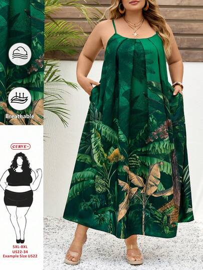 SHEIN CURVE+ Vestido suelto con volantes y tirantes para mujer talla grande, estampado tropical, para vacaciones de verano en la playa. Vestido largo verde, vestido de estilo bohemio para resort tropical, atuendo de vacaciones en la isla de La Habana