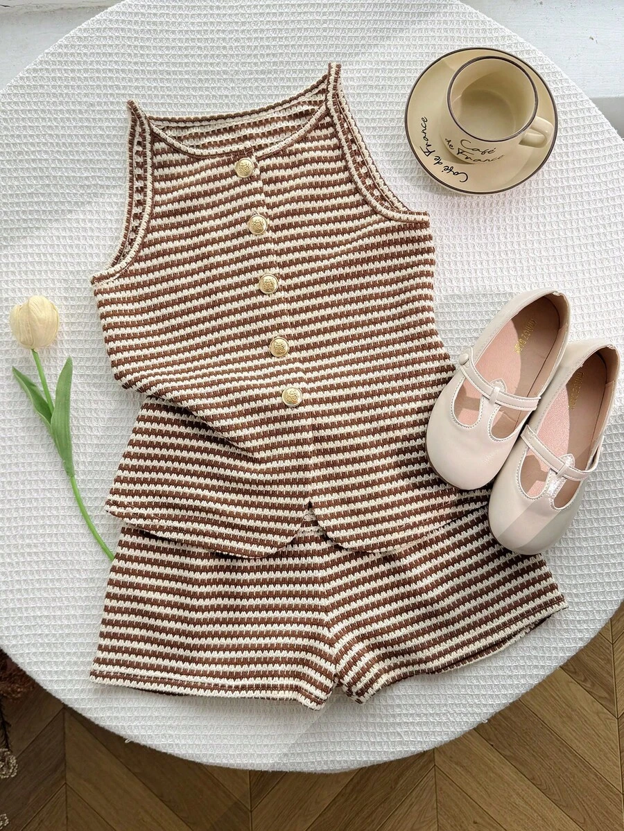 SHEIN Tween Girl Tween Girls Casual Everyday Comfortable Fitted Striped Tank Top And Shorts Set - Multicolor - View 1