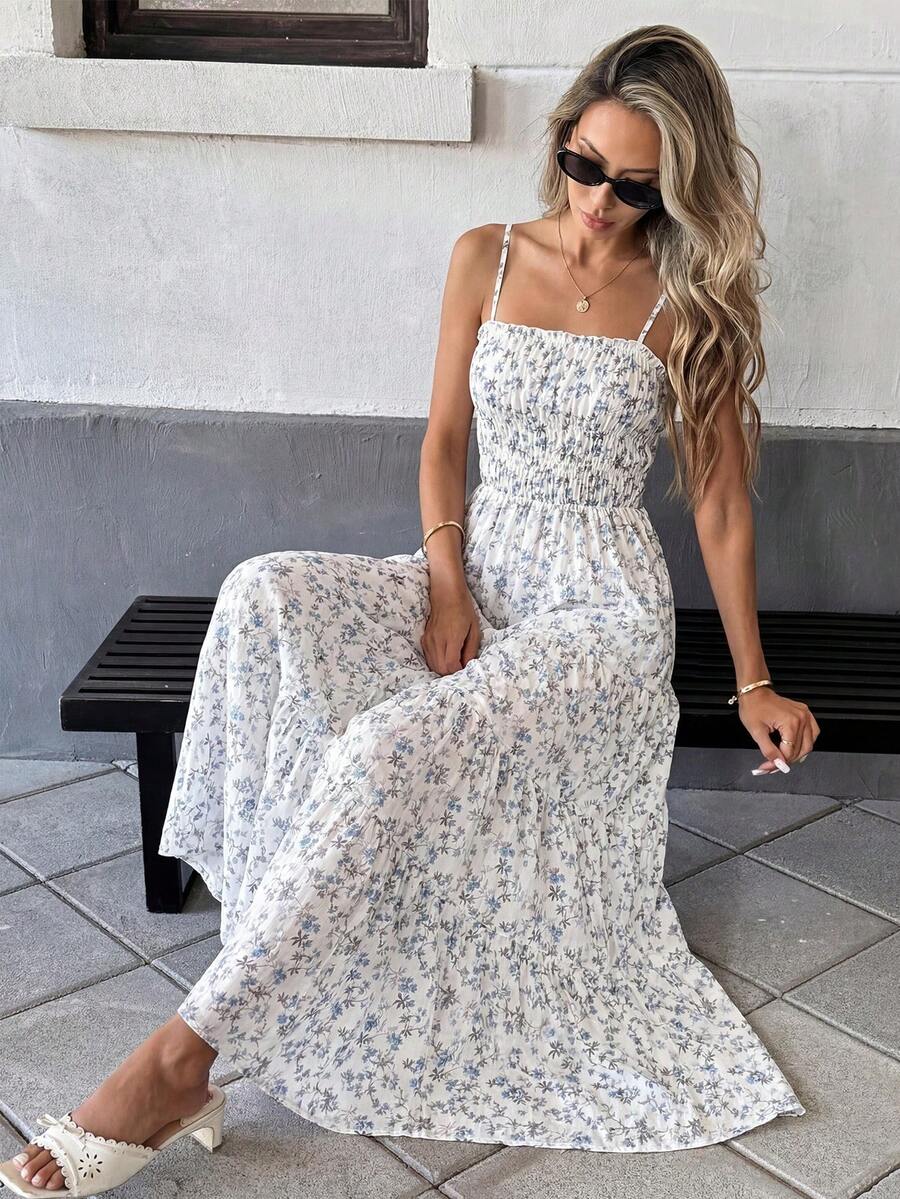 Pariaura Women's Summer Vacation Ditsy Floral Spaghetti Strap Dress - Blue - View 1