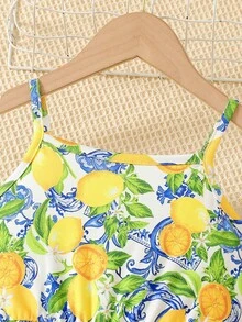 SHEIN 女童柠檬印花无袖休闲连体裤 - 黃色 - 查看 6