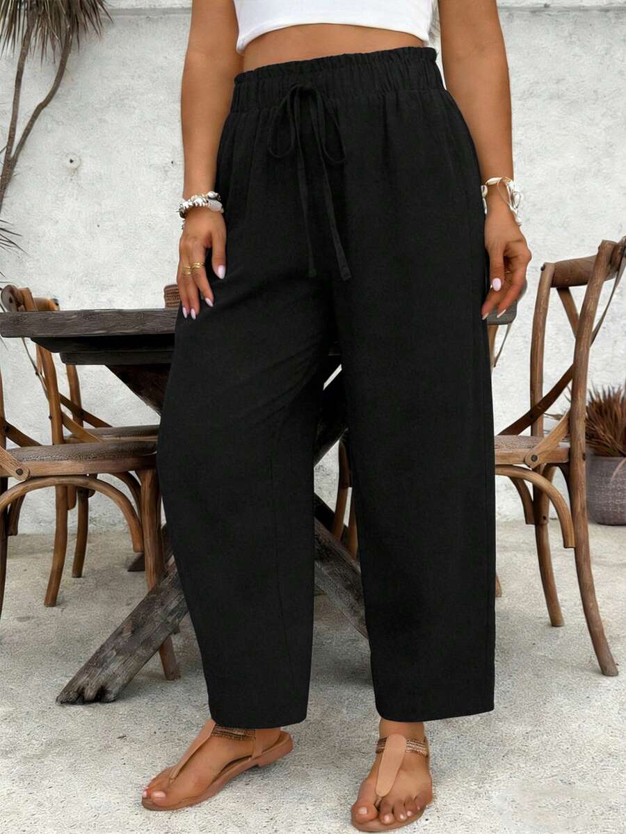 SHEIN VCAY Plus-Size Women's Black Loose-Fitting Striped Casual Pants, With A Drawstring Waist And Ruffled Hem. - Black - View 1