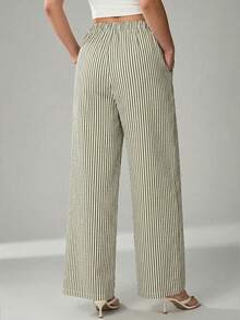SHEIN Tall CURVE 大码女式抽绳腰带条纹休闲百搭阔腿裤，适合日常穿着 - Limelight Green - 查看 4