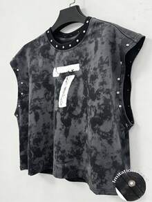 Chillumni Áo tank top nam mùa hè kiểu dáng thường ngày, in số và nhuộm tie-dye, đính hạt. - màu đen - Xem 2