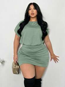 Firerie Plus Size Women Solid Color Pleated Casual Minimalist Short Sleeve Bodycon Dress - Mint Green - View 1