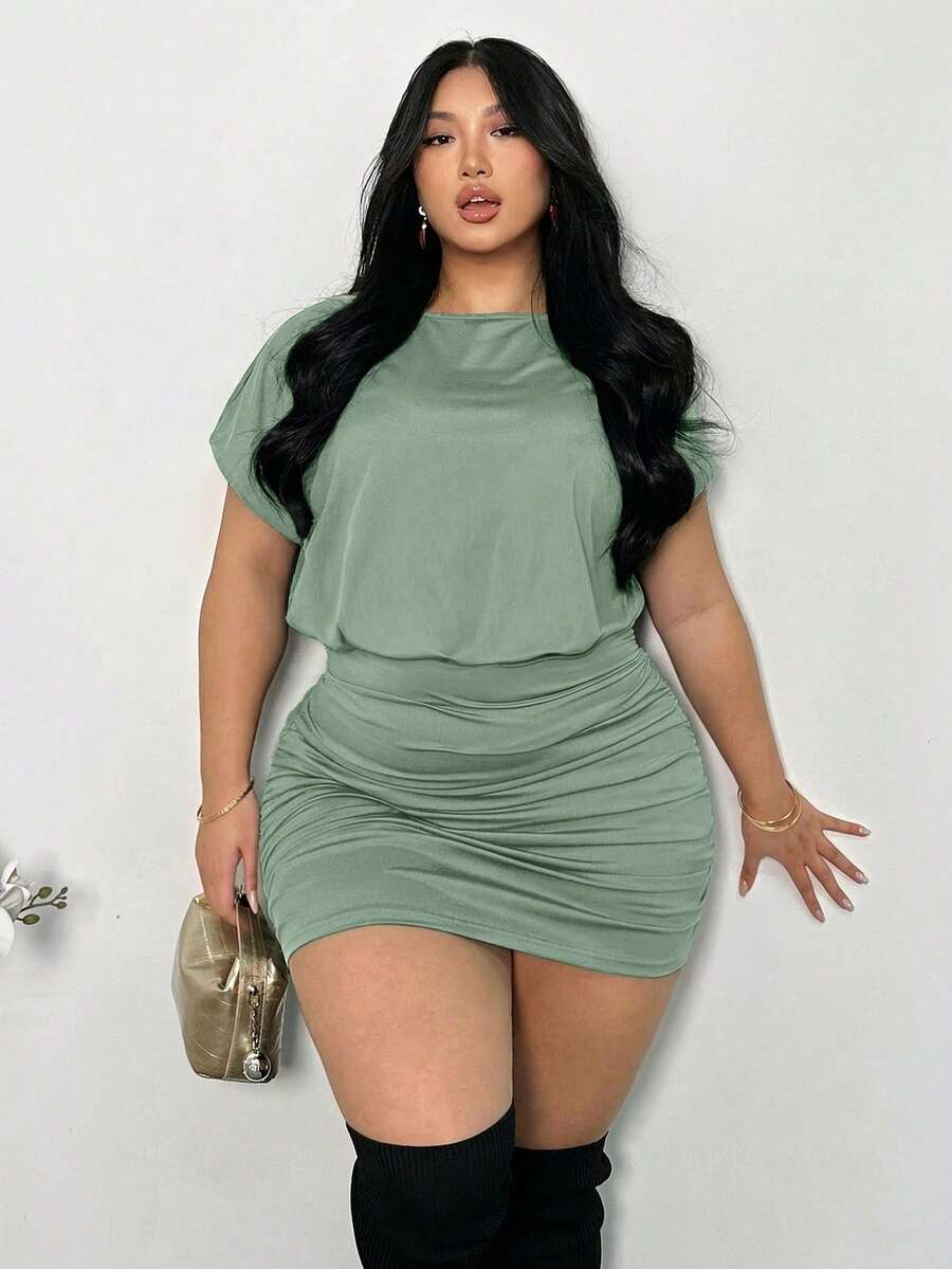 Firerie Plus Size Women Solid Color Pleated Casual Minimalist Short Sleeve Bodycon Dress - Mint Green - View 1