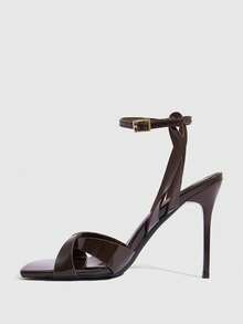 CUCCOO SZL Dark Brown Patent Leather Cross-Strapped Square Sandals, Commuter Dating Heels Summer Shoes - coffee color - View 4