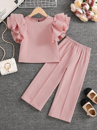SHEIN Elladie kids Young Girl' Minimalist Fashion Short Sleeve T-Shirt And Pants Set
