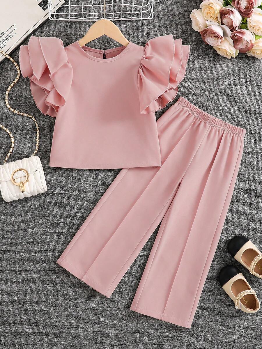 SHEIN Elladie kids 少女简约时尚短袖T恤和裤子套装 - 粉色 - 查看 1
